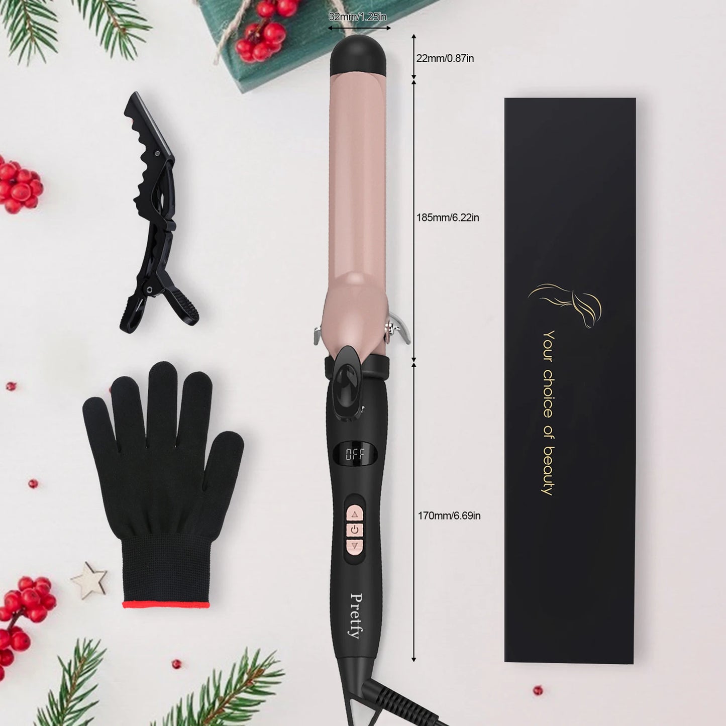 Pretfy 1,25 Zoll Lockenstab, Lockenwickler, Temperatur einstellbar, LCD-Temperaturanzeige, Haarstyling-Tool, Verbrühungsschutz, automatische Abschaltung
